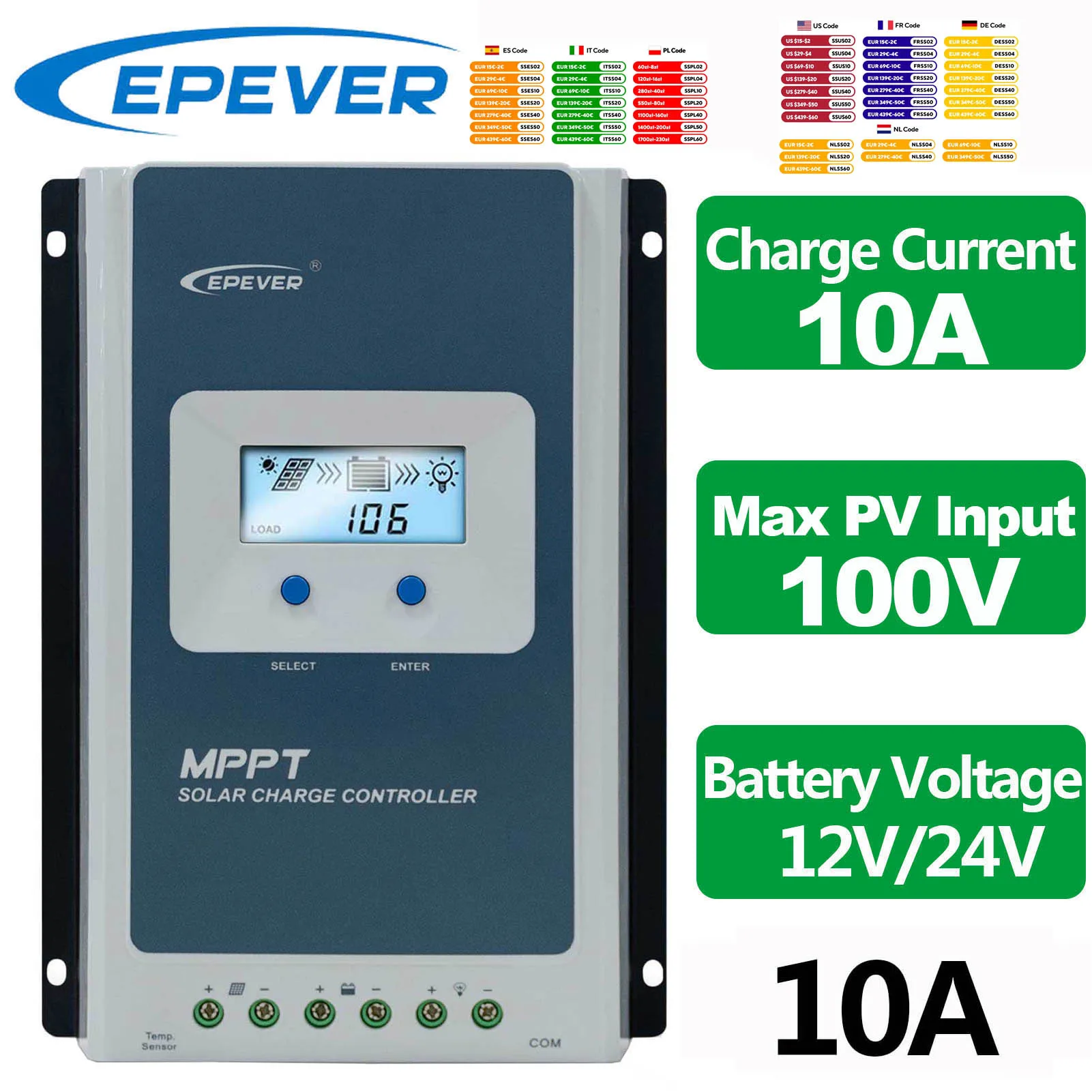 

EPEVER 10A MPPT Контроллер заряда солнечной батареи Идентификация напряжения аккумулятора 12 В 24 В Макс. PV вход 60 В или 100 В