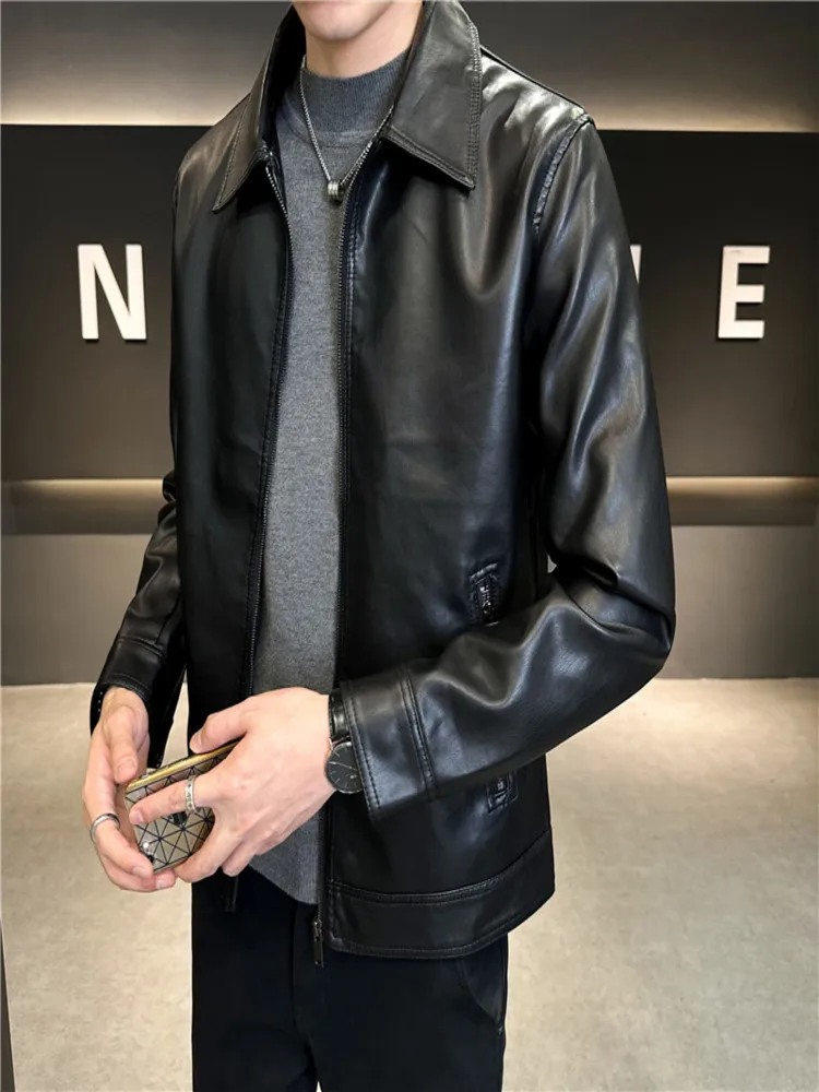 Korean Style Men's Black Leather Jacket with Loose Turn-down Collar and Motorcycle Design - Unique Designer Outerwear