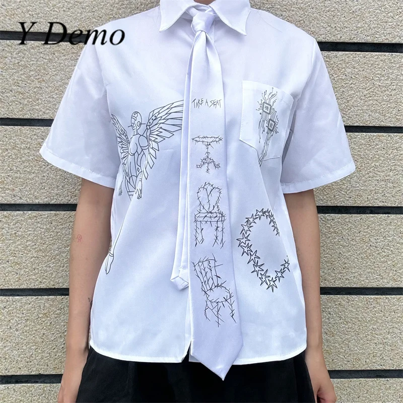 Y 데모 Techwear 날개 인쇄 여성 반팔 티셔츠 로봇 하트 화이트 싱글 브레스트 셔츠