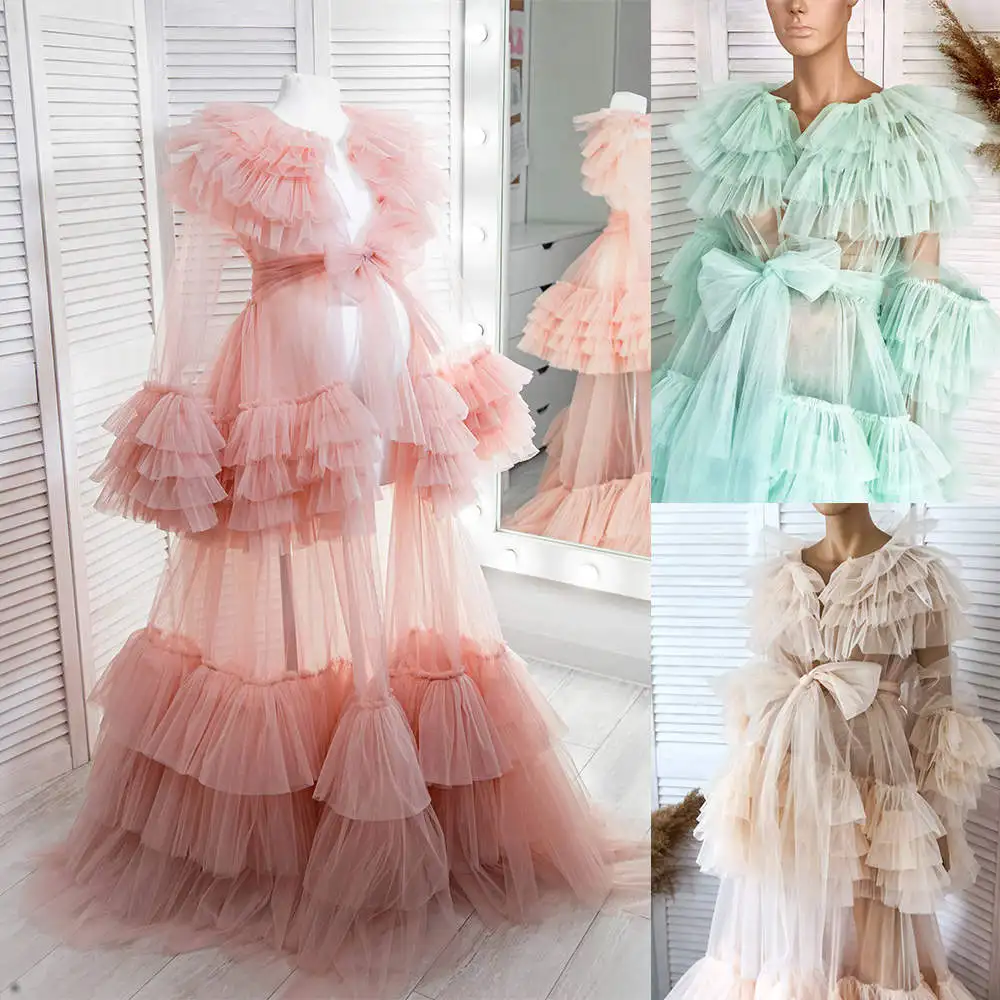 

Illusion Dresses Women Robe Ruffles Bridal Pajamas Maternity Dressing Shower Gown for Photography Custom Made