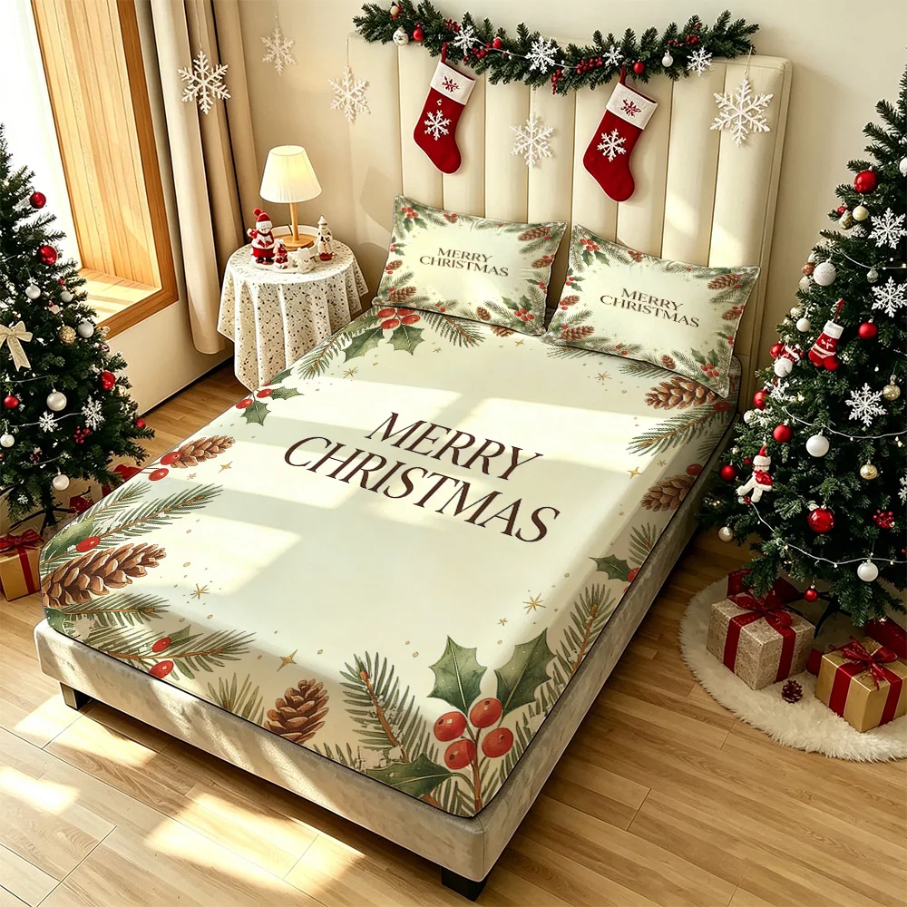 3PCS Pine Cone Holly Berry Merry Christmas Bedding Set 1 Bedspread 2 Pillowcases No Insert Soft Machine Washable Xmas Bedroom