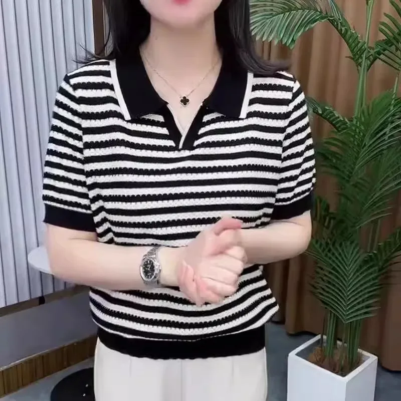 

Летняя футболка irt Ice Silk ort Sve, женская трикотажная футболка в тонкую полоску, свободный крой, универсальный топ для поездок на работу, корейская версия...