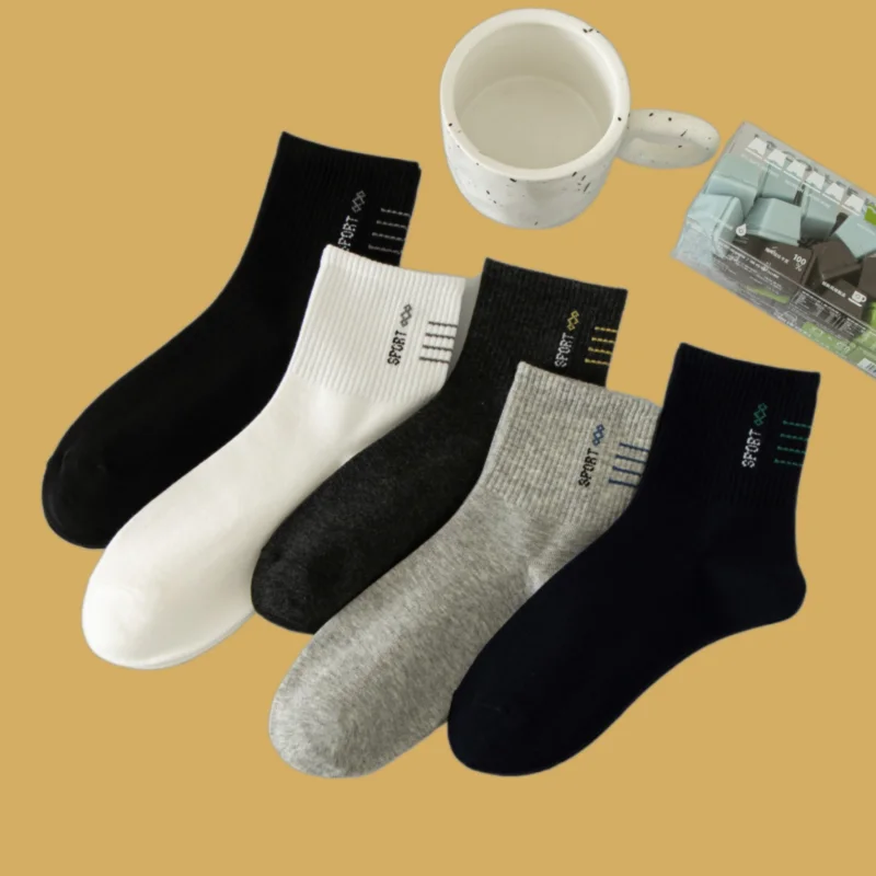 5/10 Pairs New Fashion Men's Mid-tube Sports Leisure Cotton Socks Sweat-absorbent Breathable Trendy Long Tube Business Socks