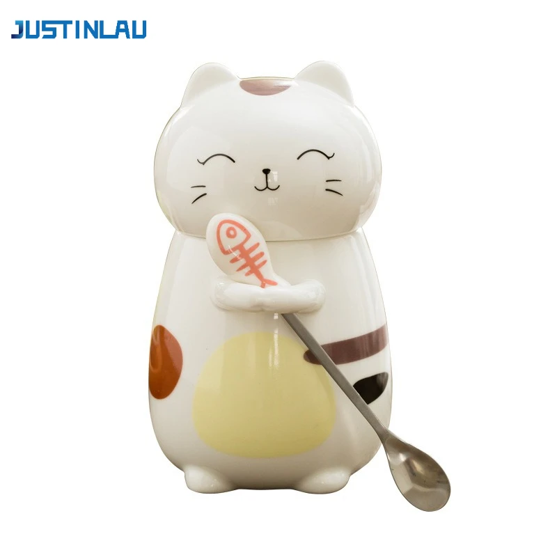 

JUSTINLAU Ceramic Mug with Lid and Spoon Three-dimensional Cat Coffee Milk Cups Funny Tableware Student Water Bottle Cute Mugs
