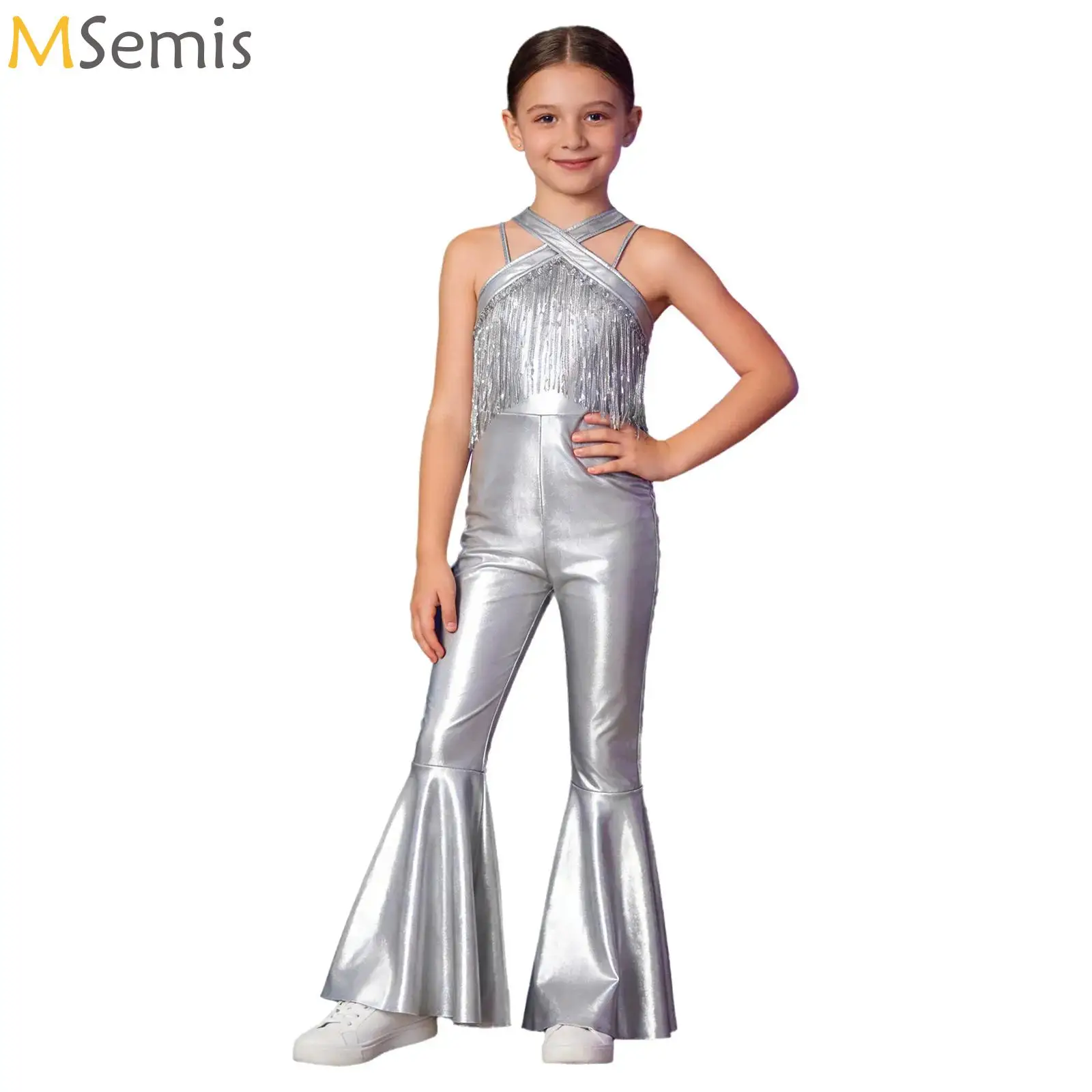 

Kids Girls Camisole Jazz Hip Hop Sequins Tassels Disco Outfit 70s 80s Prom Flare Jumpsuit Shiny Halloween Hippie Party Costume