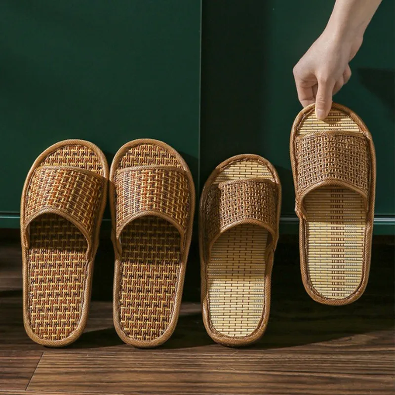 

2026 Bamboo Rattan Woven Cooling Slippers for Couples Thick Non Slip Soft Sole Indoor Breathable All Season Household Slides for