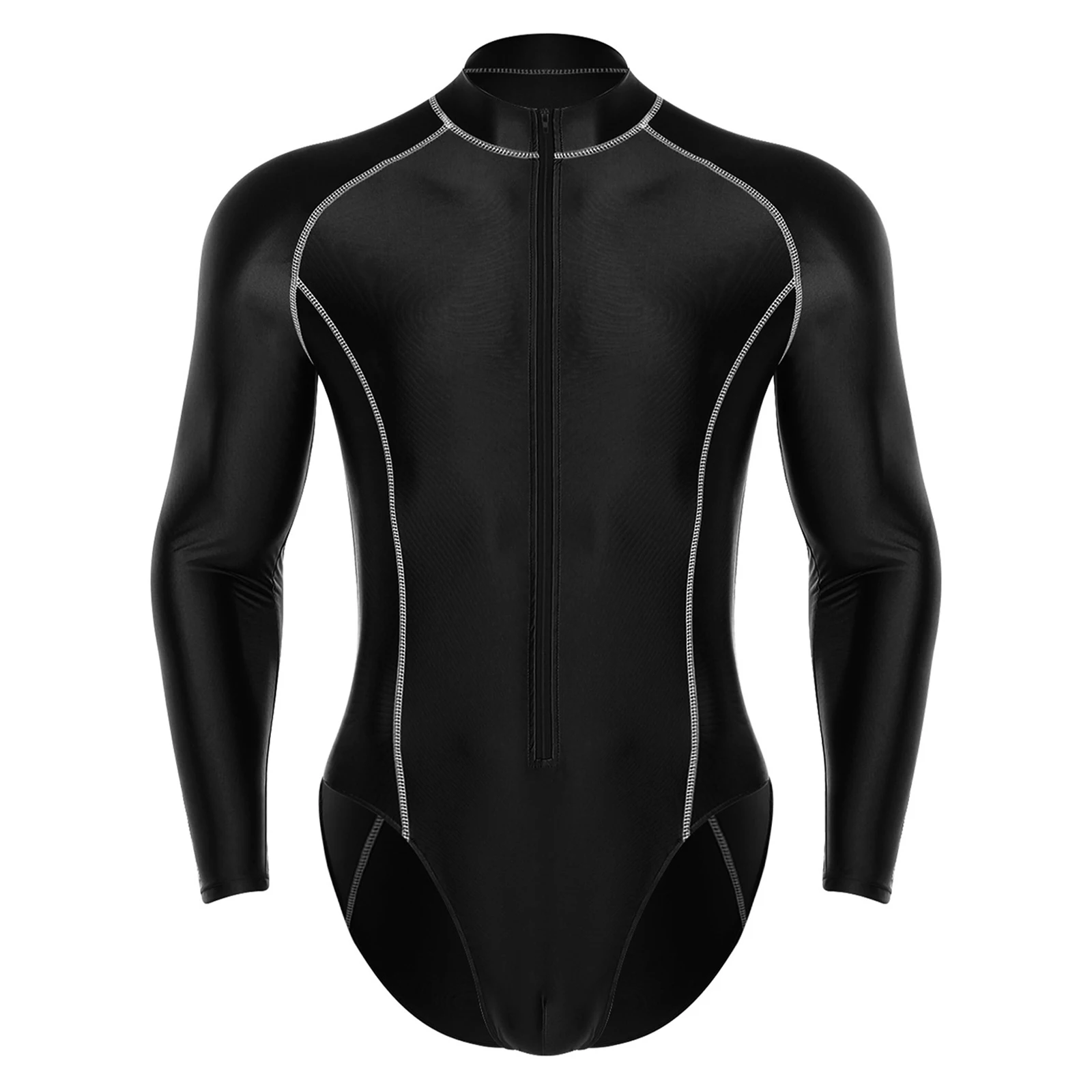 Herren-Badeanzug mit Glanzoptik, Rash Guard Schwimmanzug mit Langen Ärmeln, Frontreißverschluss, Hochgeschnittener Leotard-Jumpsuit für Surfen und Schwimmen – Detail 9