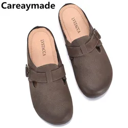 Careaymade-Head Layer Cowskin Sandals Summer Handmade Dermis Retro Women's Literary big size Shoes Women's Flats slippers34-41