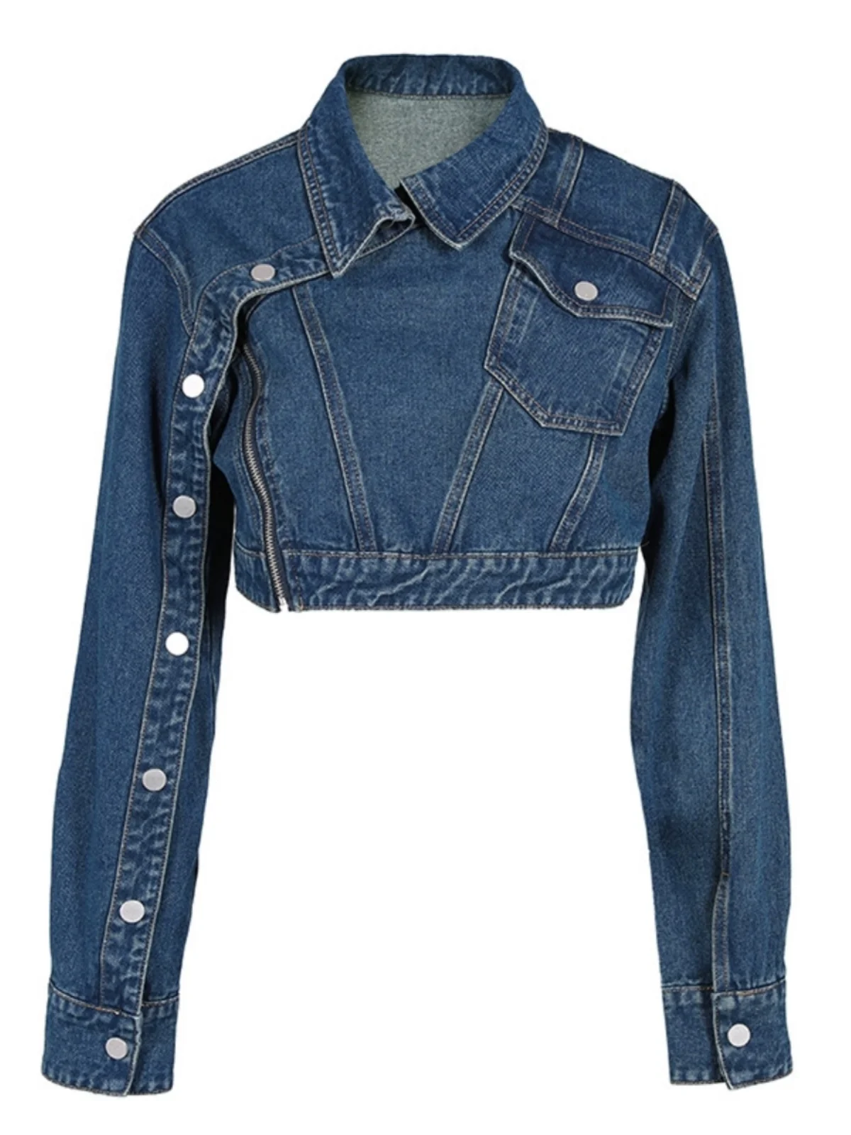 

Женская джинсовая куртка STUDIO с асимметричной молнией и пуговицами, уникальный дизайн, весенне-осенний тренд, высокая талия, хлопок