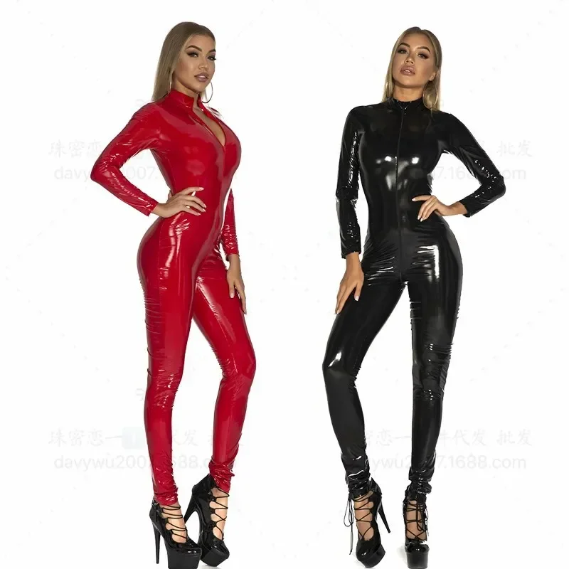 

Sexy Hot Women Faux Leather Catsuit PVC Latex Bodysuit Front Zipper Open Crotch Jumpsuits Stretch Bodystocking Costumes