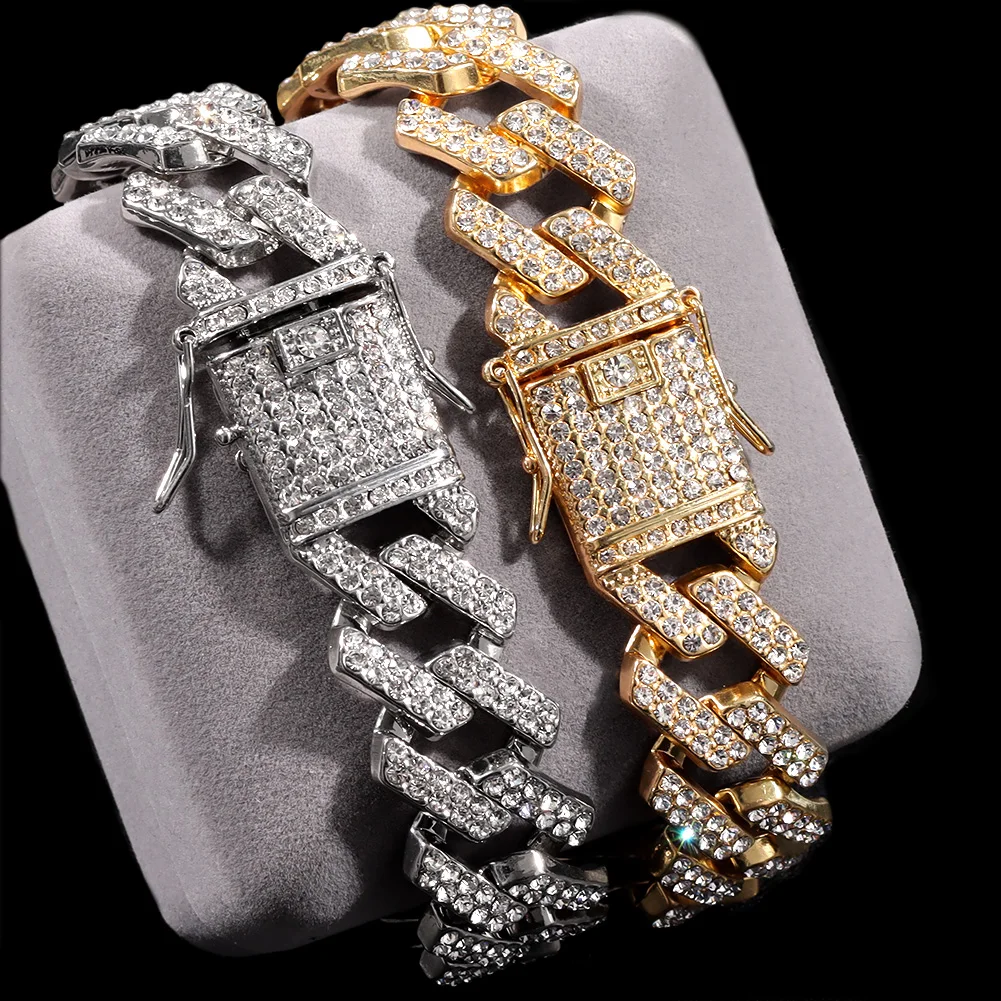 14/20MM Hip Hop Metal Cuban Bracelet Iced Out Chain Bling Full Rhinestone Pave Luxury Crystal Bracelet For Men\'s Jewelry Gift