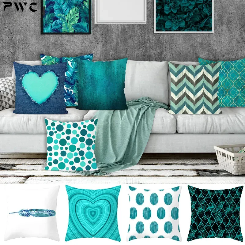 

Teal Cushion Cover Leaf Feather Geometric Heart Sofa Pillowcase Bedroom Home Decor Office Decor Accessories 50x50cm45x45