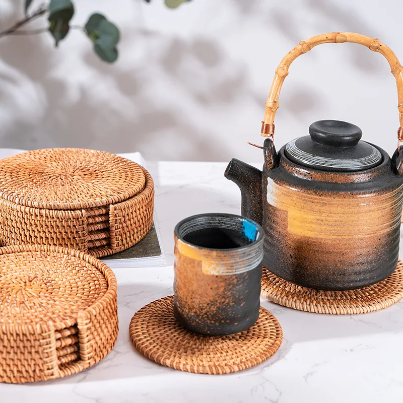 6pcs Drink Coasters Set For Kungfu Tea Accessories Round Tableware Placemat Dish Mat Rattan Weave Cup Mat Pad Diameter