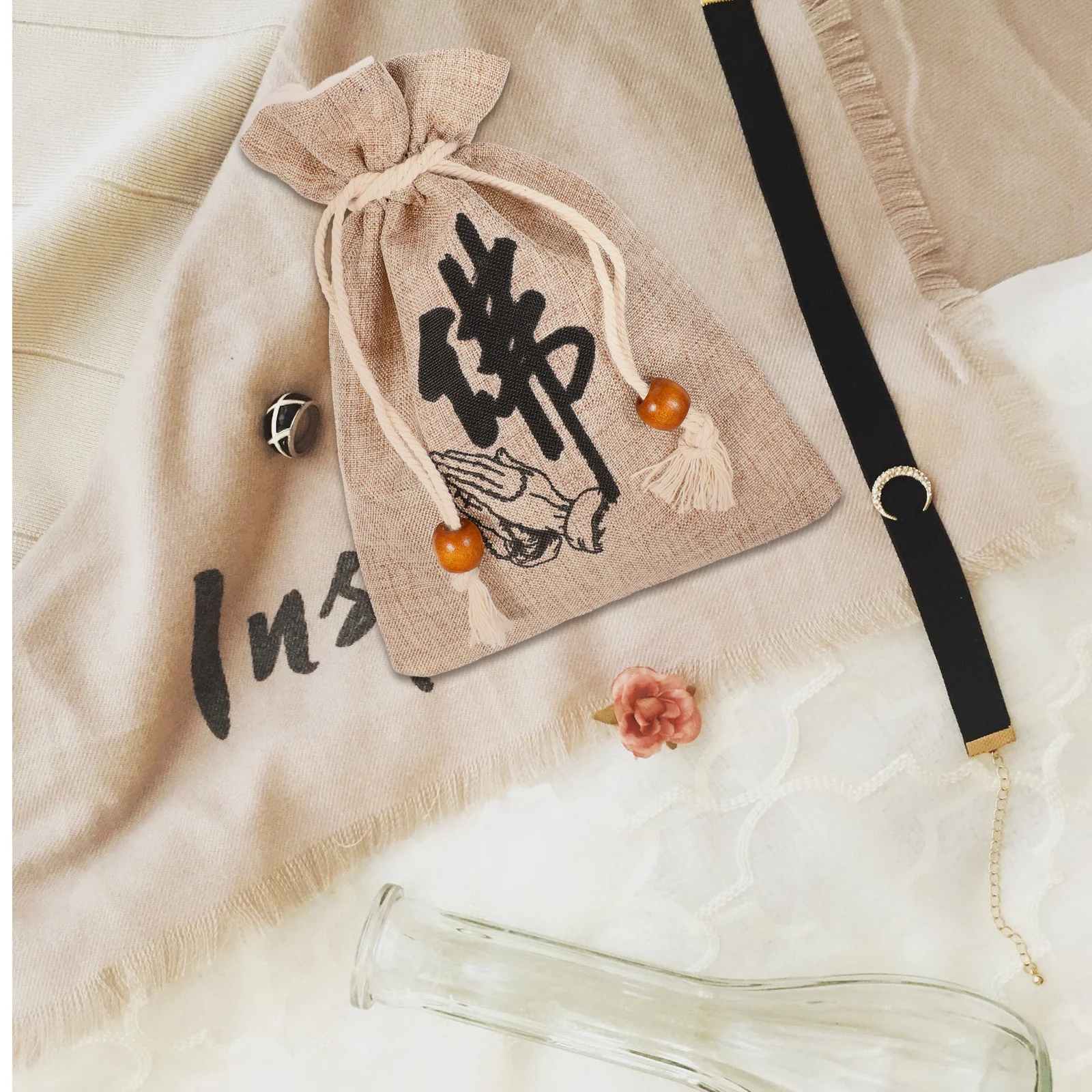 

2Pcs Buddhist Beads Storage Bags Vintage Drawstring Cloth Pouches Portable Organizer Gift Candy Snack Goody Storage Pouches