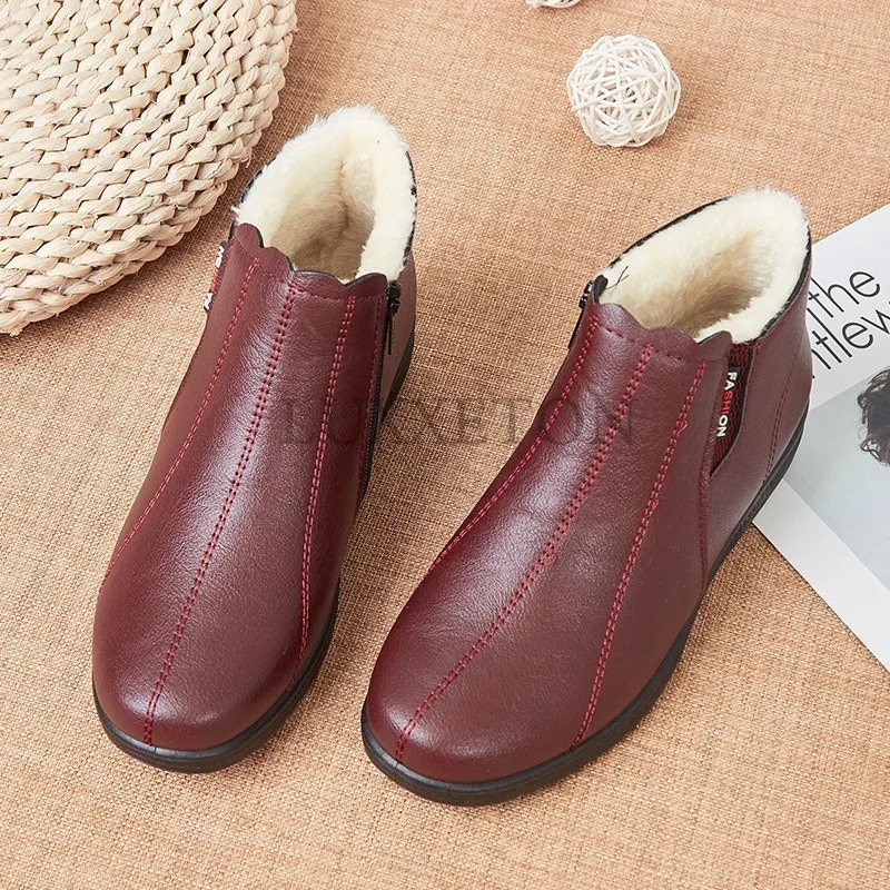 Flat Bottomed Low Heeled Round Toe Mother Shoes Elderly Cotton Shoes Soft Soled Short Boots Women Plush Warm Snow Boots