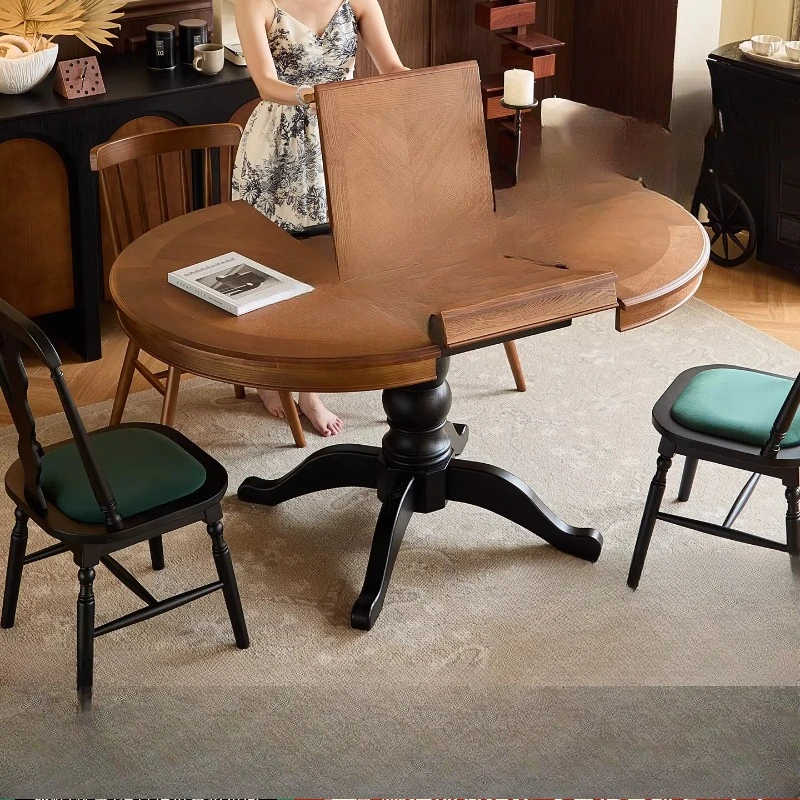 French retro solid wood round dining table, home folding