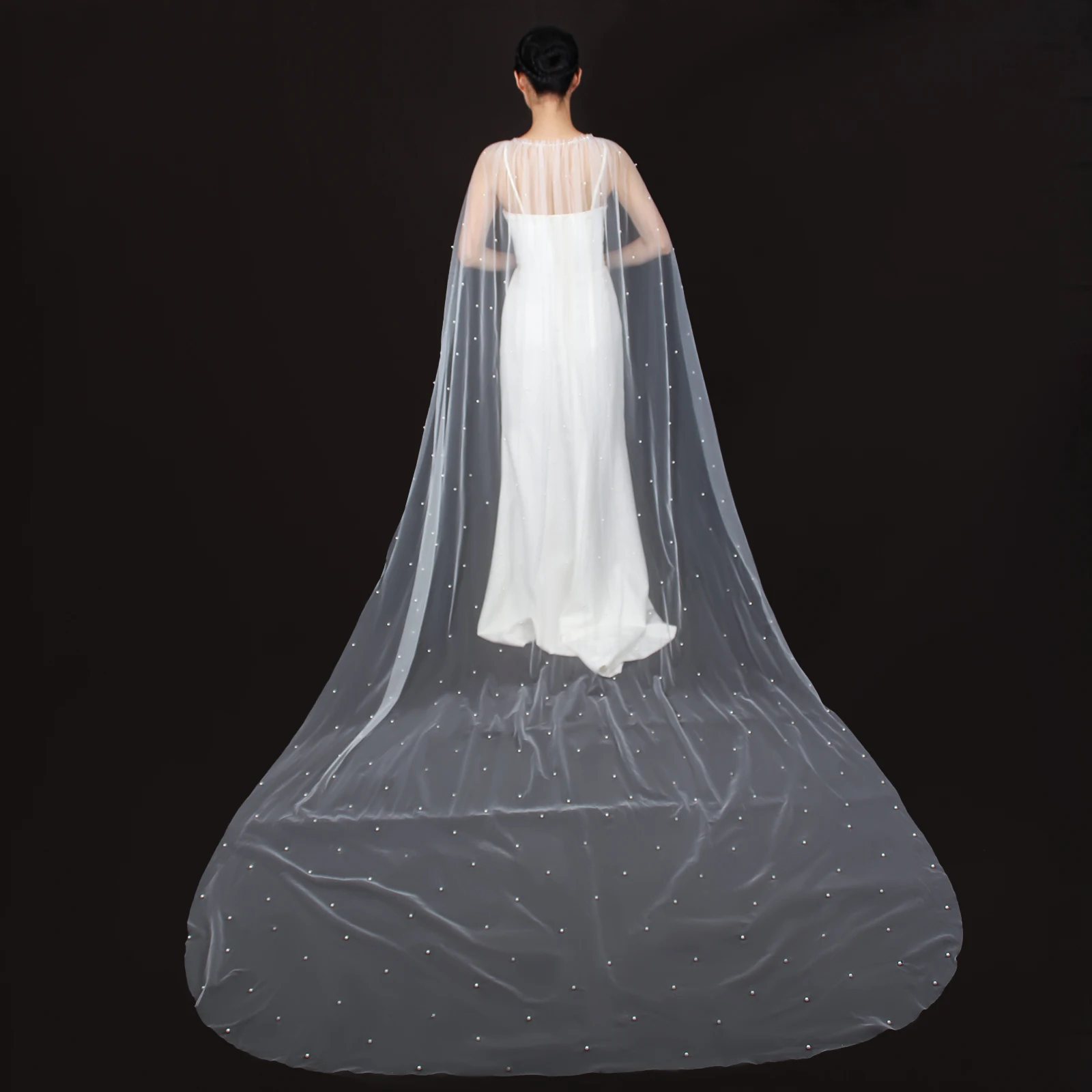 Bridal Tulle Cape Pearls Rhinestone Chain Long Trailing Wedding Shawl Bride Photo Stage Detachable Pin-On Lightweight Wrap GP78