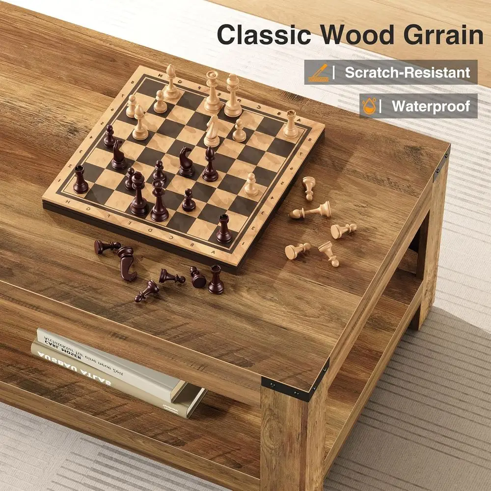 Modern Rustic 47.2 Farmhouse Coffee Table with Storage, Rectangular Living Room Centerpiece, 2-Tier Industrial-Style Cocktail Ta