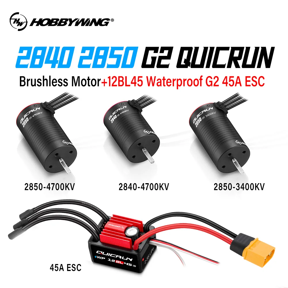 HOBBYWING Brushless Sensorless Combo QUICRUN 2840 2850 Motor 12BL45 G2 45A ESC  Shaft WaterProof For 1/12 1/14 1/16 RC Cars