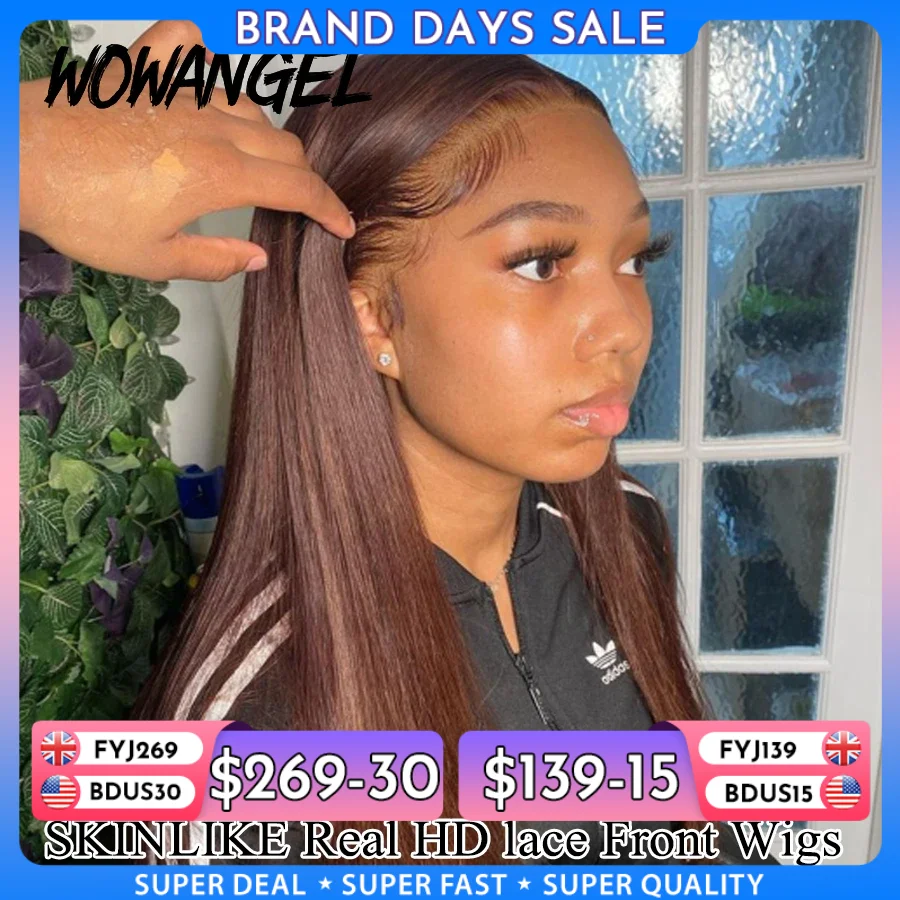 Wow Angel Schokoladenbraun gefärbte 13x6 HD Lace Front Perücke gerade Perücken leimlose Echthaarperücke Weargo Perücke Melt Skin für Frau