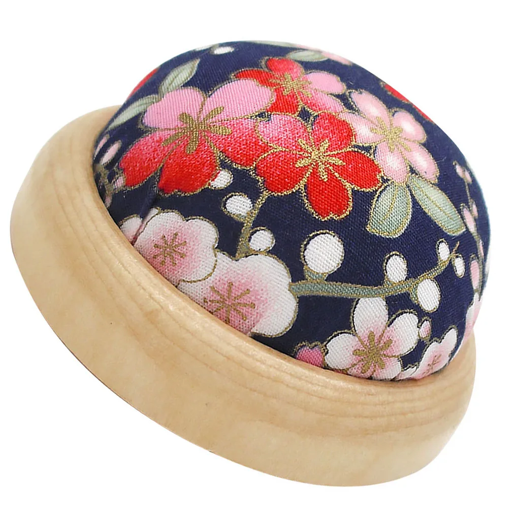 Wooden Base Sewing Cushion Polyester Printed Flower Pincushions Home Knitting Pin Holder, Light Beige