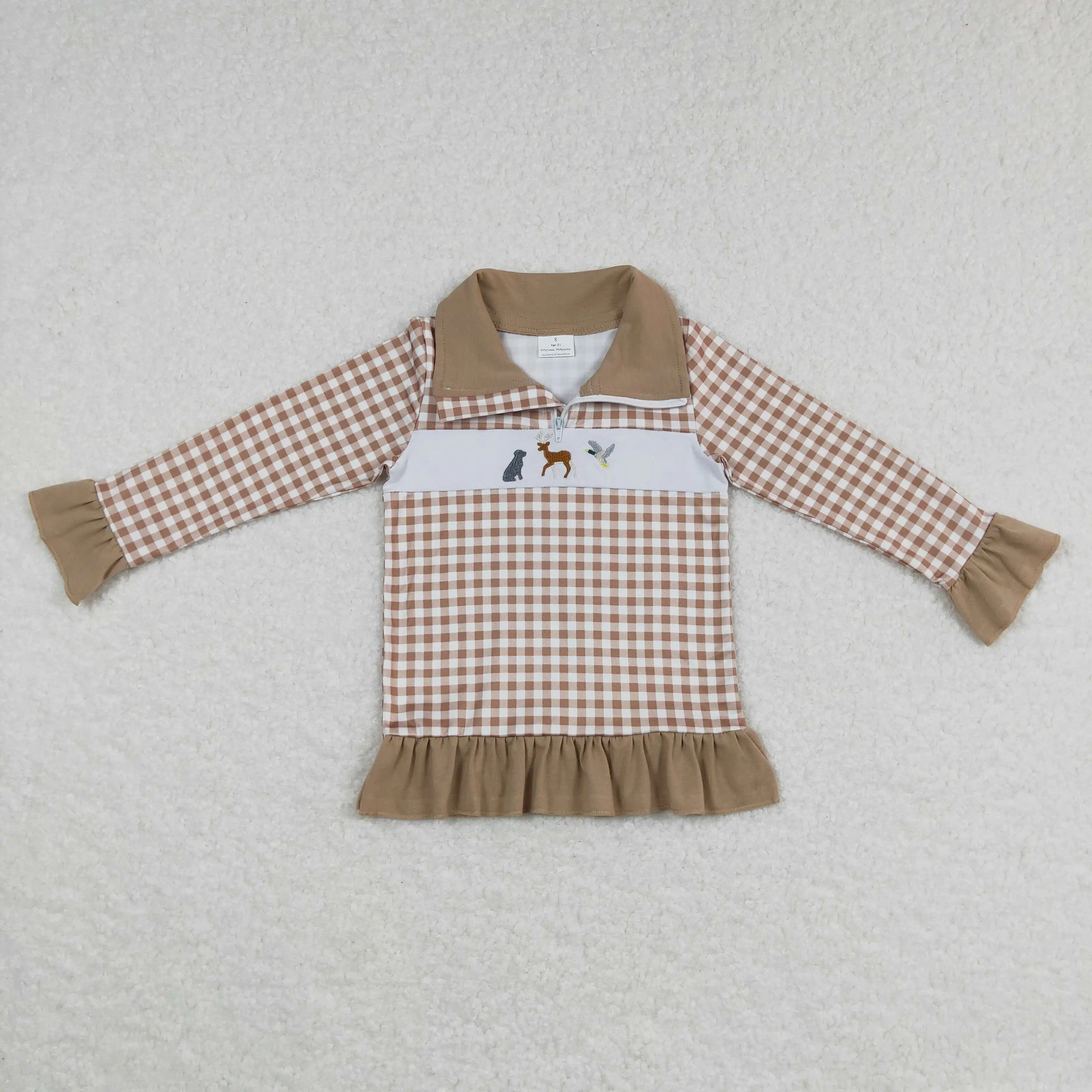 Vêtements pour enfants, chemise assortie pour bébés filles garçons, haut brodé à manches longues, fermeture éclair à carreaux kaki, colvert, cerf de chien, vente en gros