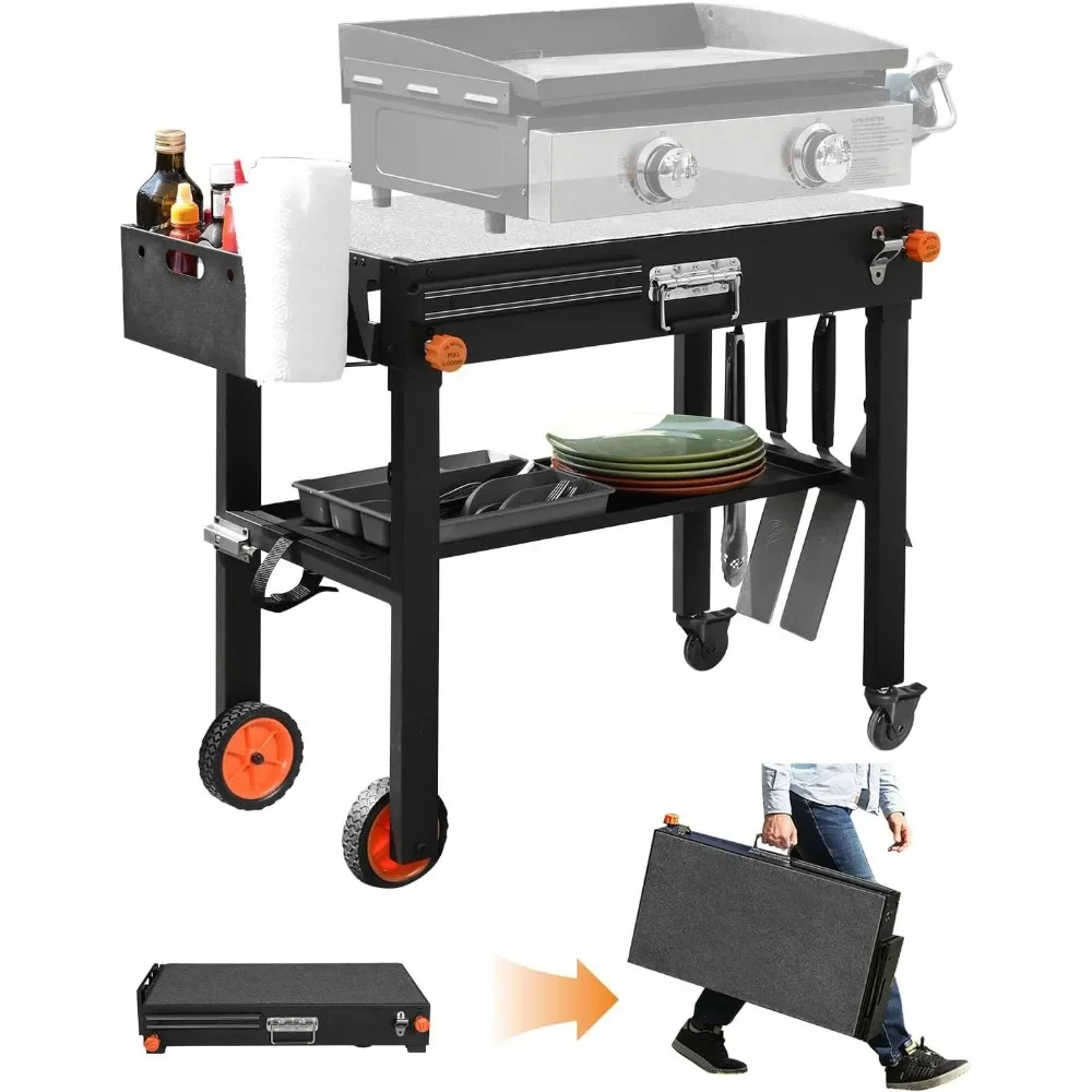 Portable Outdoor Grill Table, Grill Stand Solid and Sturdy , Movable Kitchen Cooking Prep BBQ Cart with Wheels