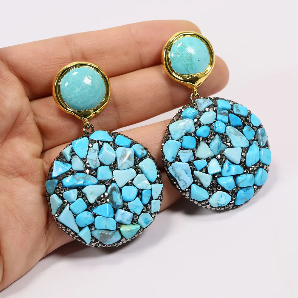 GG Big Blue Turquoise Coin Sun Charm Black CZ Paved Gold Plated Turquoise Stud Earrings Handmade For Women Gifts