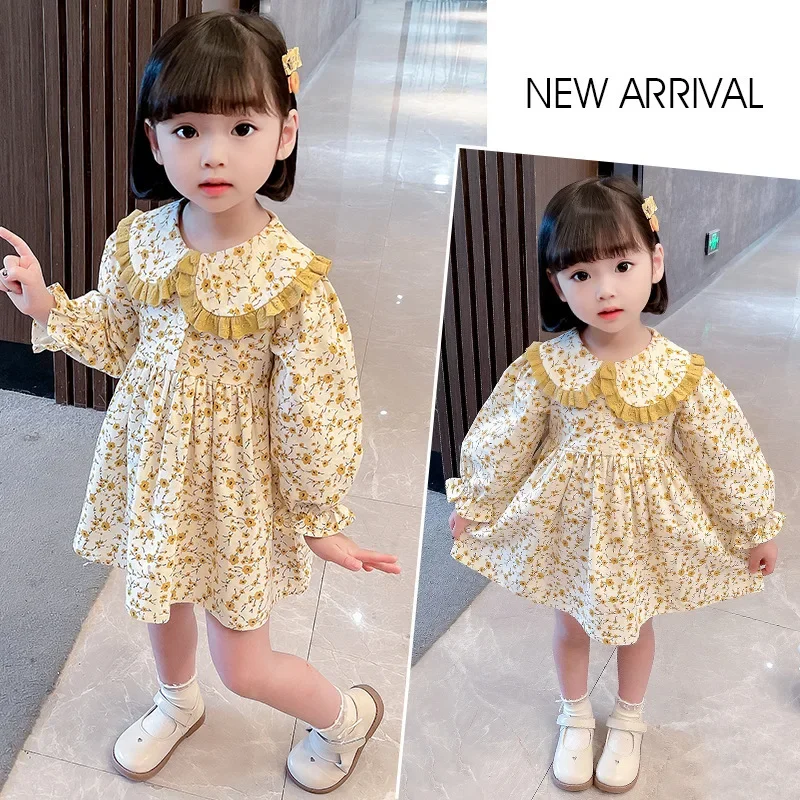 فساتين كاجوال للفتيات فستان ذو طية صدر السترة باللون الأصفر للفتيات من عمر 2 إلى 7 سنوات فستان لطيف للأطفال الصغار فستان فتاة الزهور والزي الكاجوال