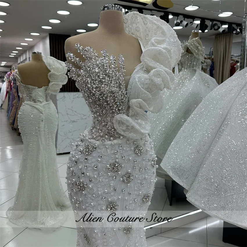 White Mermaid Prom Dress 2025 Bead Diamonds Luxury Evening Gown Vestidos Wedding Reception Party Gown Customized