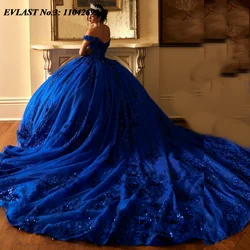 EVLAST Customized Luxury Royal Blue Quinceanera Dress Ball Gown Shiny Lace Applique Beaded Sweet 16 Vestidos De 15 Anos E3Q572