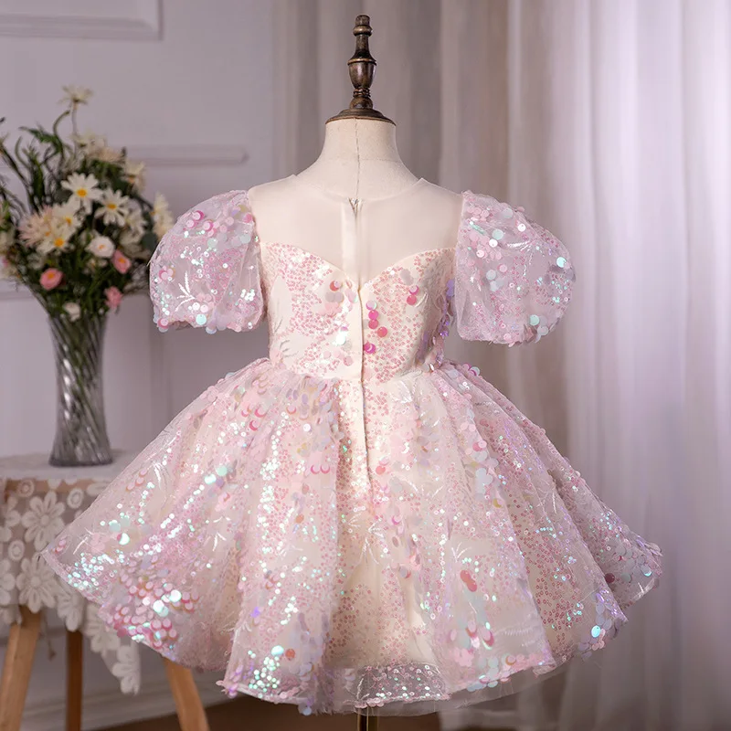 Children Pink Dress Sequins Princess Dress Tutu Dress Piano Performance Costume Children Host Flower Girl Birthday Dress