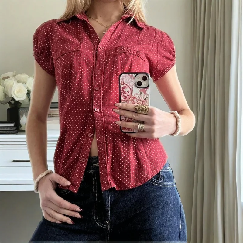 Lamuusaa y2k Shirt Elegant Women Clothes Dot/Plaid Print Turn Down Collar Single Breasted Short Sleeve Blouse Top 2000s Clothing