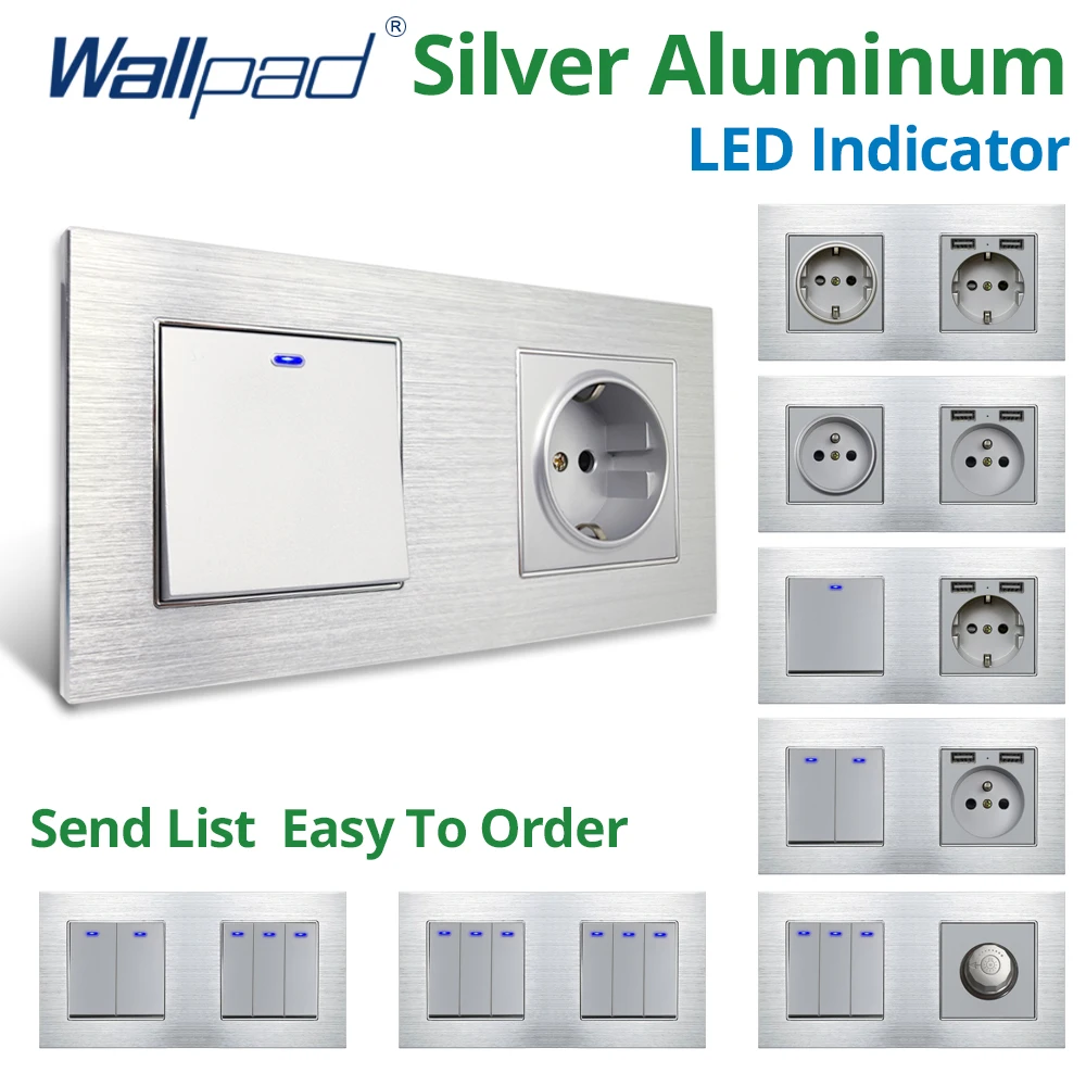 Wallpad 172*86mm Aluminum Panel Wall Light Switch LED Dimmer USB Charge EU Socket Outlet 1 2 3 Gang 2 Way Rocker Silver Button