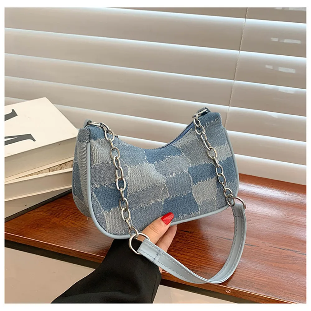 2023 New Fashion Small Square Bag Retro French Women Denim Plaid Pattern Totes Shoulder Bags Trend Female Underarm Chain Handbag