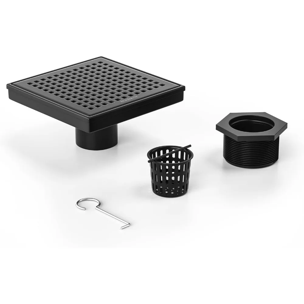 

6-дюймовый матовый черный квадратный душевой трап из нержавеющей стали с решеткой и фильтром для волос, сертифицированный CUPC