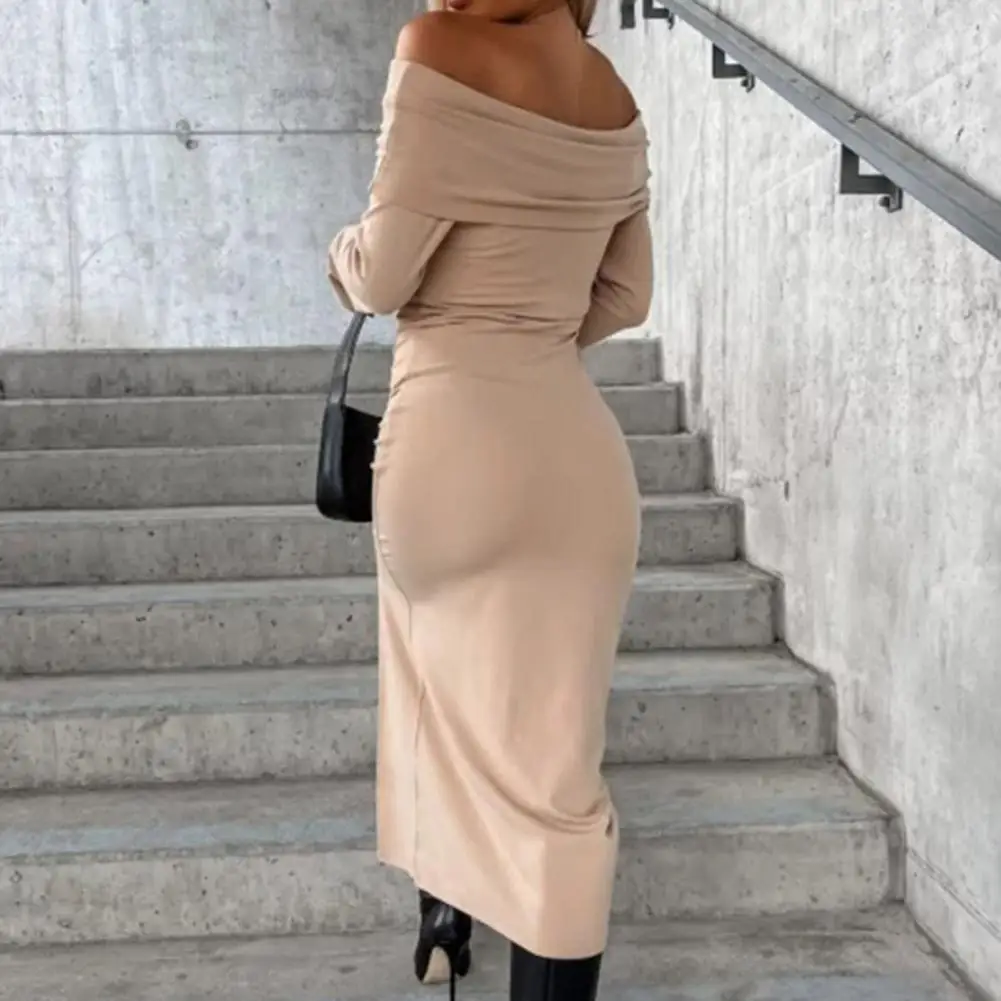 

Slit Hem Dress Stylish Women's Off Shoulder Bodycon Dress Long Sleeve Slit Hem Slim Fit for Parties Winter Season Sexy Slit Hem