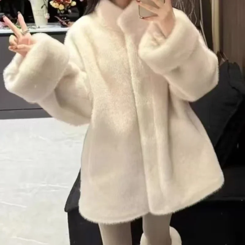 Fur Stand-up Collar Jacket New Winter Medium and Long Long Loose Imitation Mink Elbow Sleeves