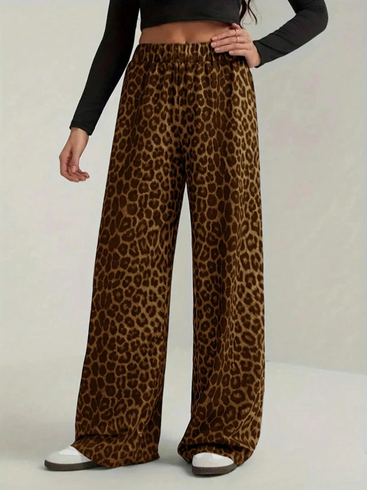 2026 New Leopard Print Pants Women Elasticity High Waist Loose Wide Leg Pants Women Fashion High Street Straight Casual Pants