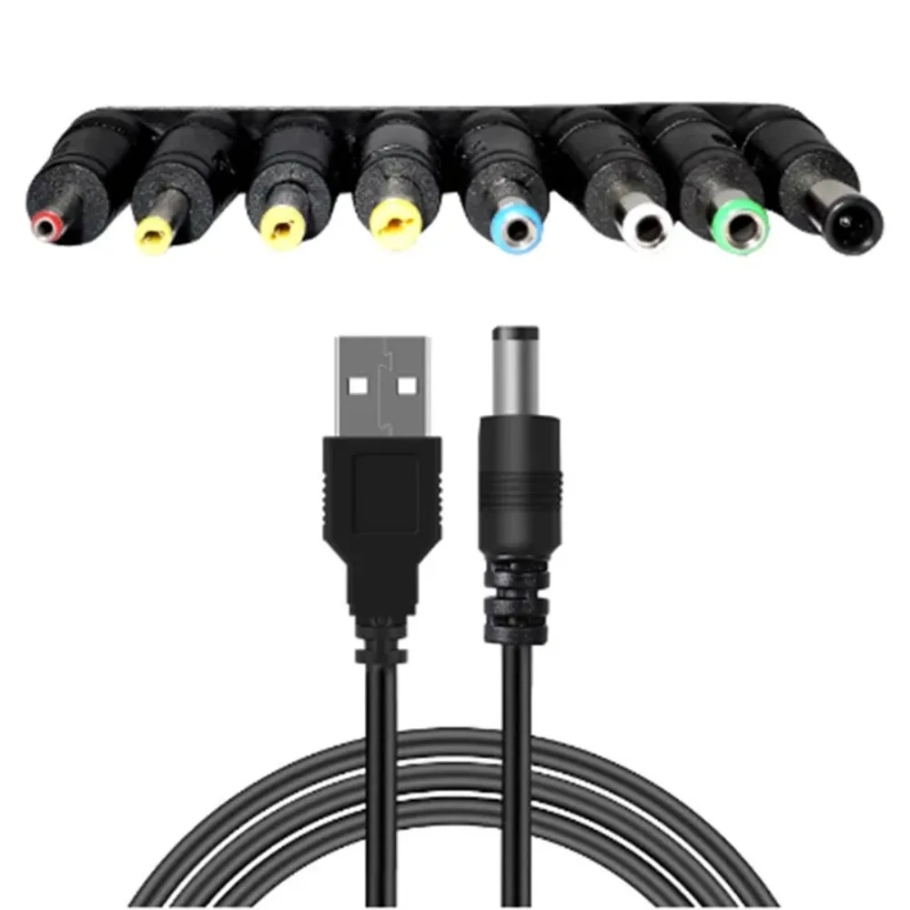 Cabo de Alimentação USB para DC 5.5*2.1mm com 8 Pontas Intercambiáveis, Cabo de Carregamento 5V para Câmera CCTV, TV Box, Roteador, Alto-falante e Dispositivos Domésticos