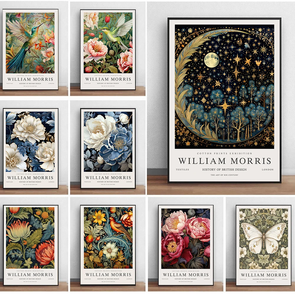 Vintage William Morris Exhibition Flower Bird Moon & Stars Art Poster Canvas Painting Wall Prints Picture Living Room Home Decor