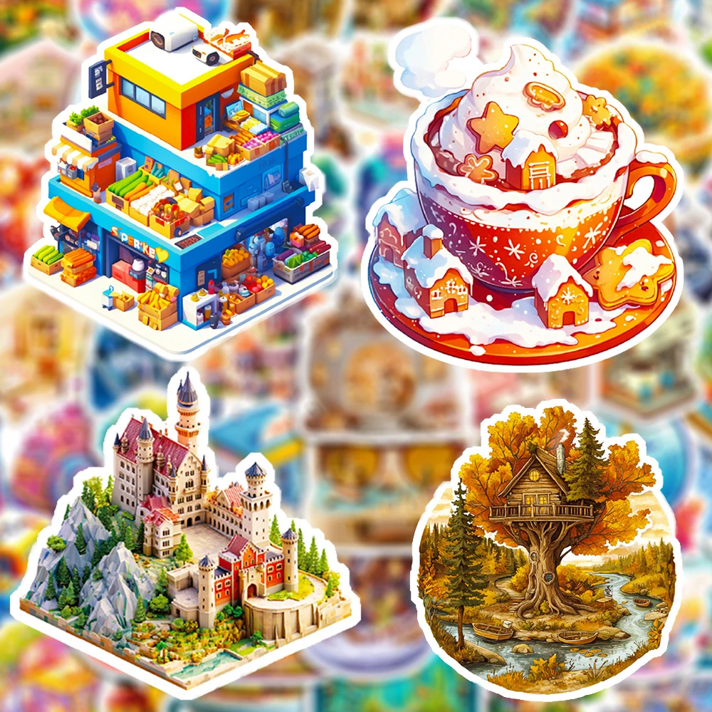 

10/30/56pcs Creative Microscopic World Sticker Cute Cartoon Anime Building Sticker Water Bottle Phone Guitar Decals Decoration