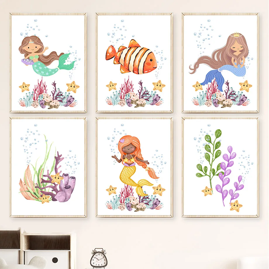 1PC Mermaid Princess Fish Crab Coral Starfish Seaweed Wall Art Prints Canvas Painting Posters Cartoon Pictures Girl Kids Room