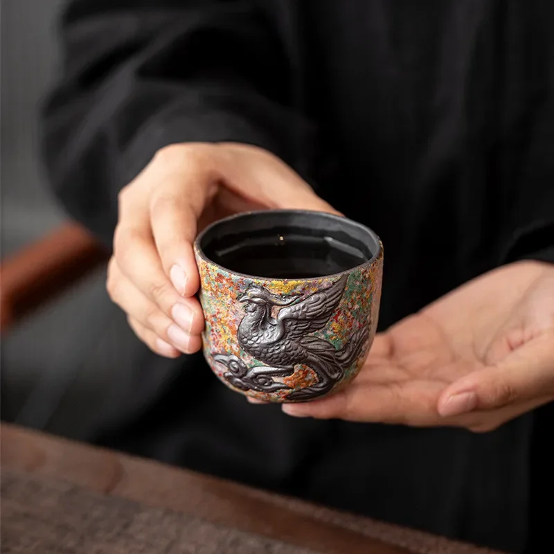 150ML Rock Painting Time Dragon Phoenix Dance Teacup Household Ceramic Master Cup Chinese Retro KungFu TeaSet Gift  Tea Ceremony