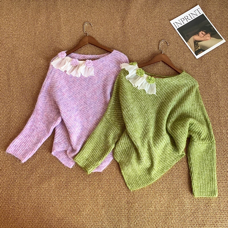 

Three dimensional flower irregular knitted sweater women autumn and winter lazy style high-end temperament elegant top