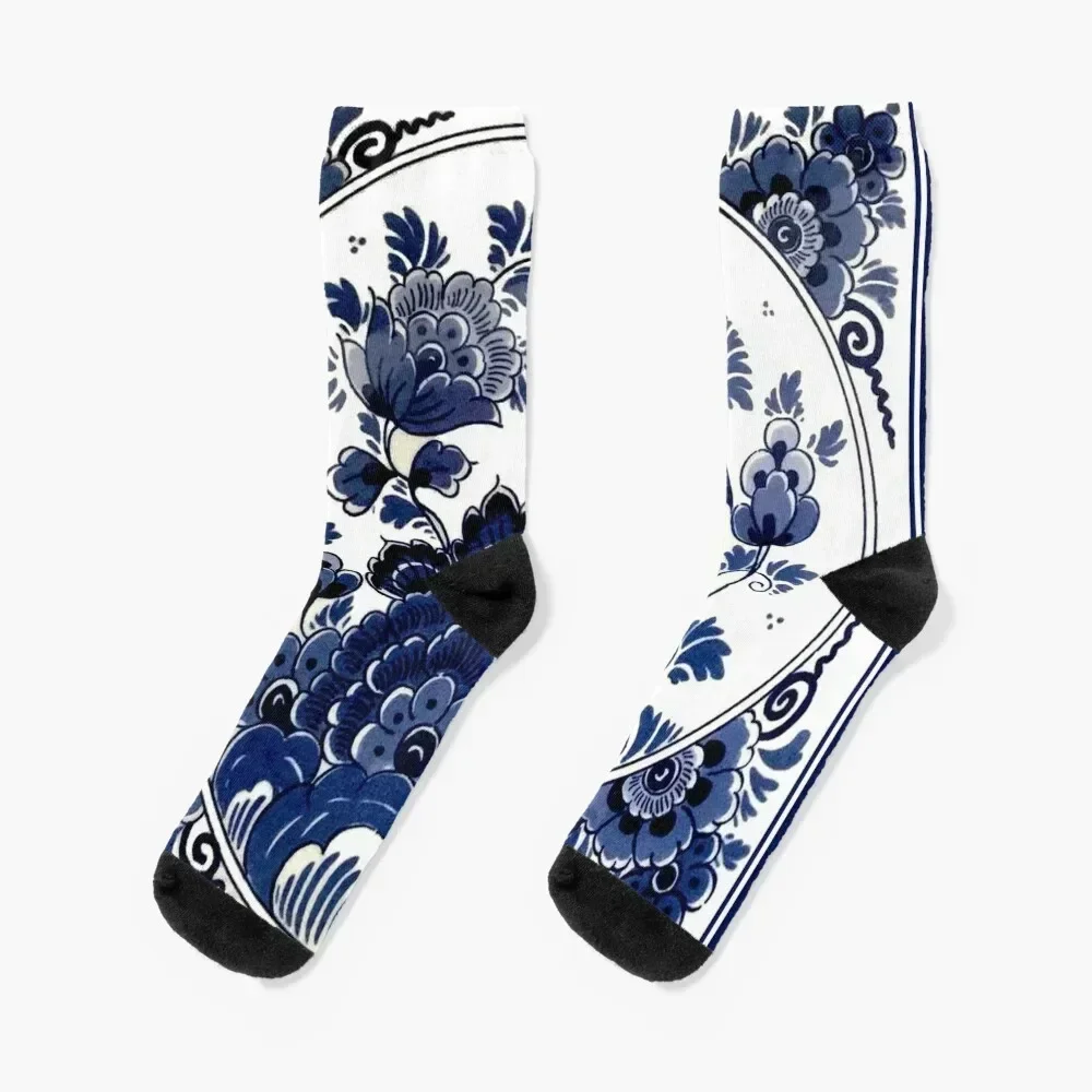 

DUTCH BLUE DELFT : Vintage Blue Bird and Flowers Print Socks gifts ankle Christmas Men's Socks Women's