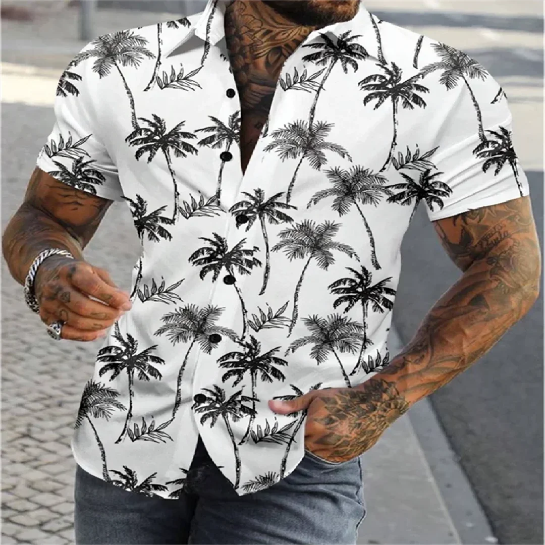 Casual Shirt Beach Tropical Leaves and Coconut Tree Print Shirt Top Boys Creative Short Sleeve Shirt Lapel Tops Boys Clothes