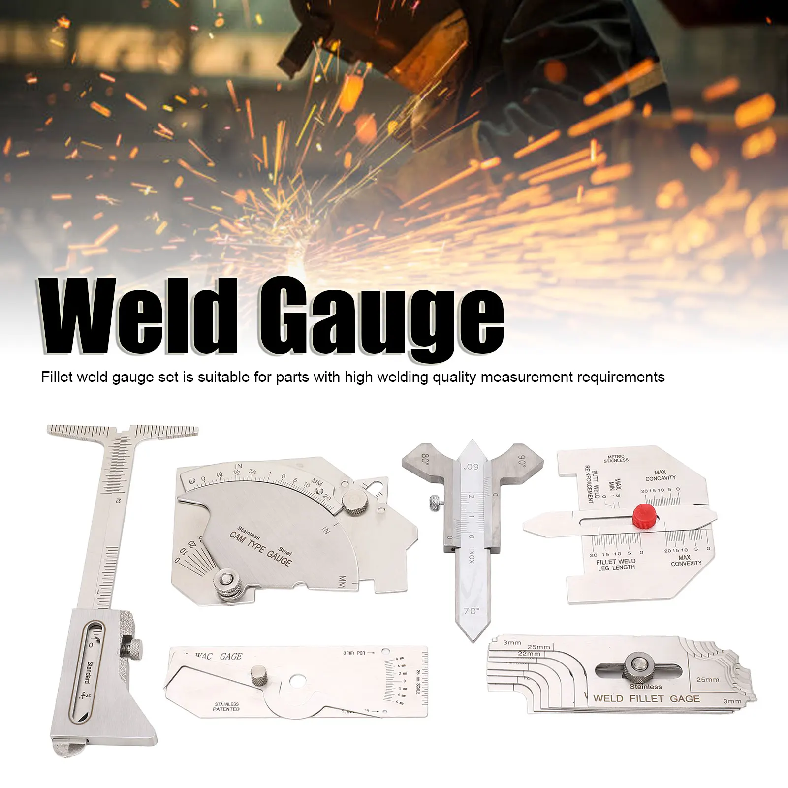 

6Pcs/Set Weld Gauge Tool Set Fillet Include Hi Lo Gauge Porosity Undercuts Checking Gauge Angle Measuring Tool