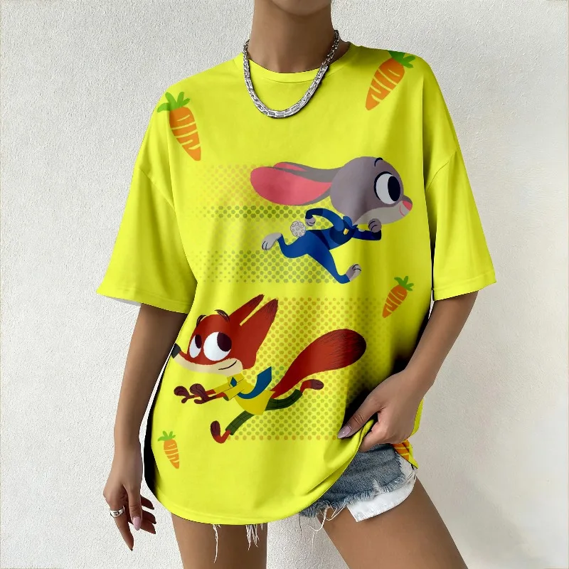 

Женская одежда, футболка большого размера в стиле Y2K, Зверополис, Джуди и Ник, летняя модная уличная одежда с принтом, удобная свободная футболка