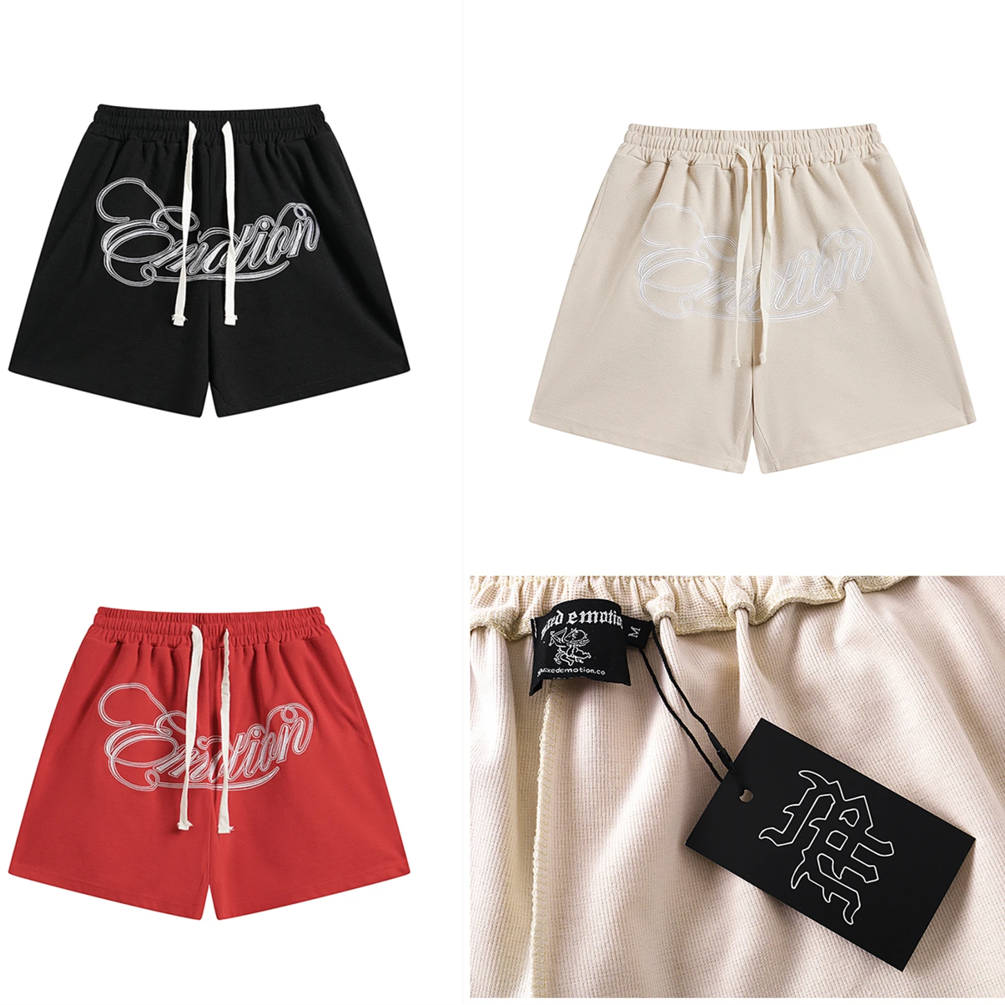 

25ss СМЕШАННАЯ ЭМОЦИЯ Шорты Мужские свободные дышащие спортивные штаны с вафельной вышивкой Хип-хоп Повседневные шорты
